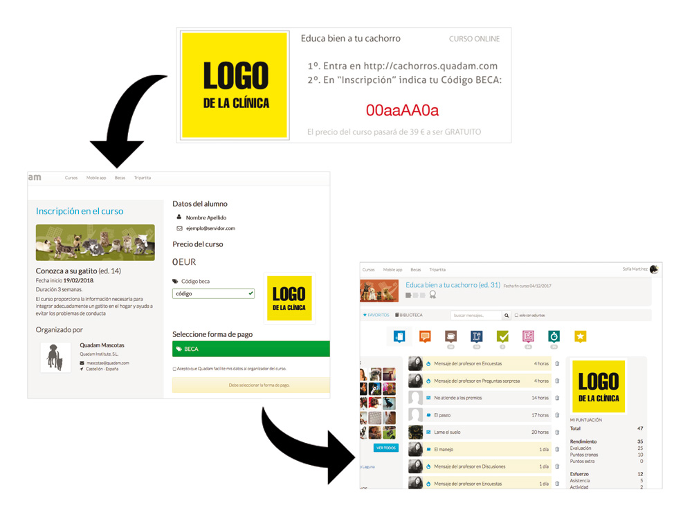 Cómo un cliente se inscribe a los cursos de mascotas de Quadam